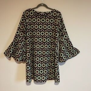 Dr Bloom Retro Floral Dress LG Brown Teal Blue Bell Sleeve Hippie MIDI